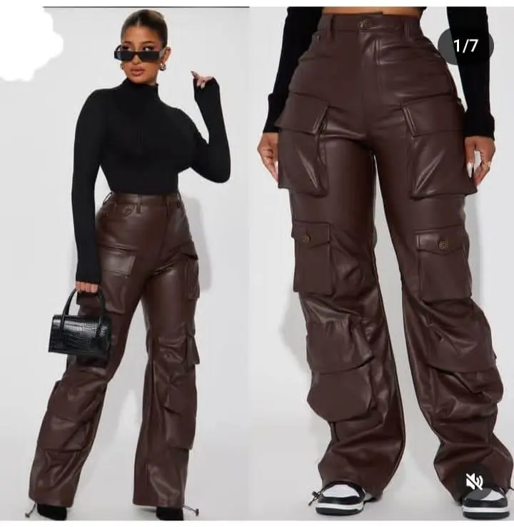 Edgy Faux‑Leather Cargo Pants – High‑Waist Wide‑Leg Style in Black & Brown | Street‑Ready & Ultra‑Trendy ✨