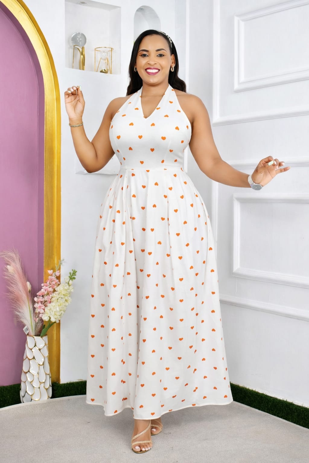 Summer, Breezy, Stylish White Halter Neck Maxi Dress with blue, orange, green, pink Heart Prints – Chic & Flirty Everyday Elegance