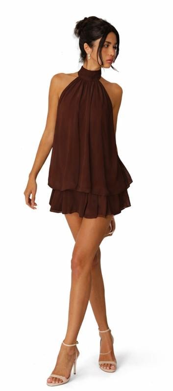Halter‑Neck, Flowy Mini Dress With a Layered Ruffle Hem and a Soft, Chiffon‑like Fabric. It comes in three colors: sky blue, pastel yellow, and rich brown.