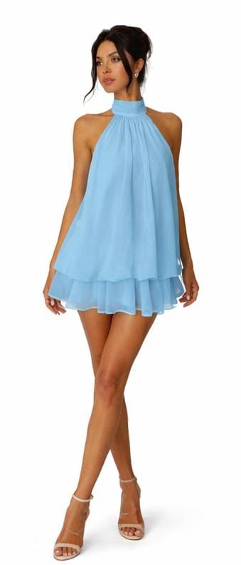 Halter‑Neck, Flowy Mini Dress With a Layered Ruffle Hem and a Soft, Chiffon‑like Fabric. It comes in three colors: sky blue, pastel yellow, and rich brown.