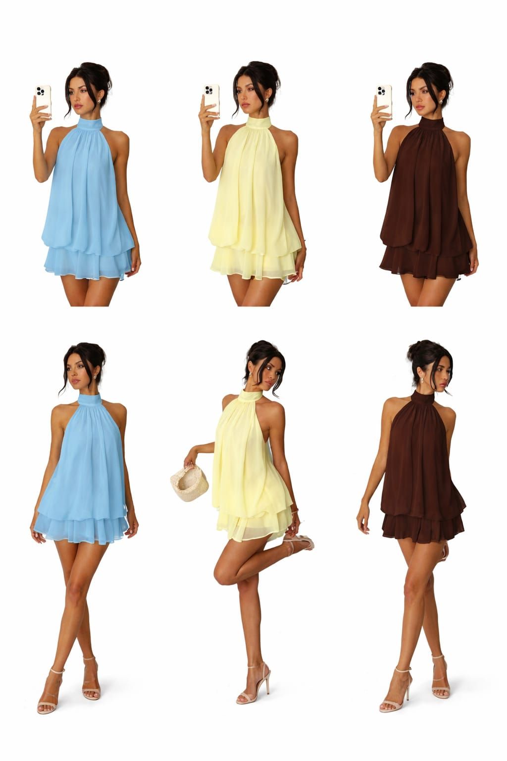 Halter‑Neck, Flowy Mini Dress With a Layered Ruffle Hem and a Soft, Chiffon‑like Fabric. It comes in three colors: sky blue, pastel yellow, and rich brown.