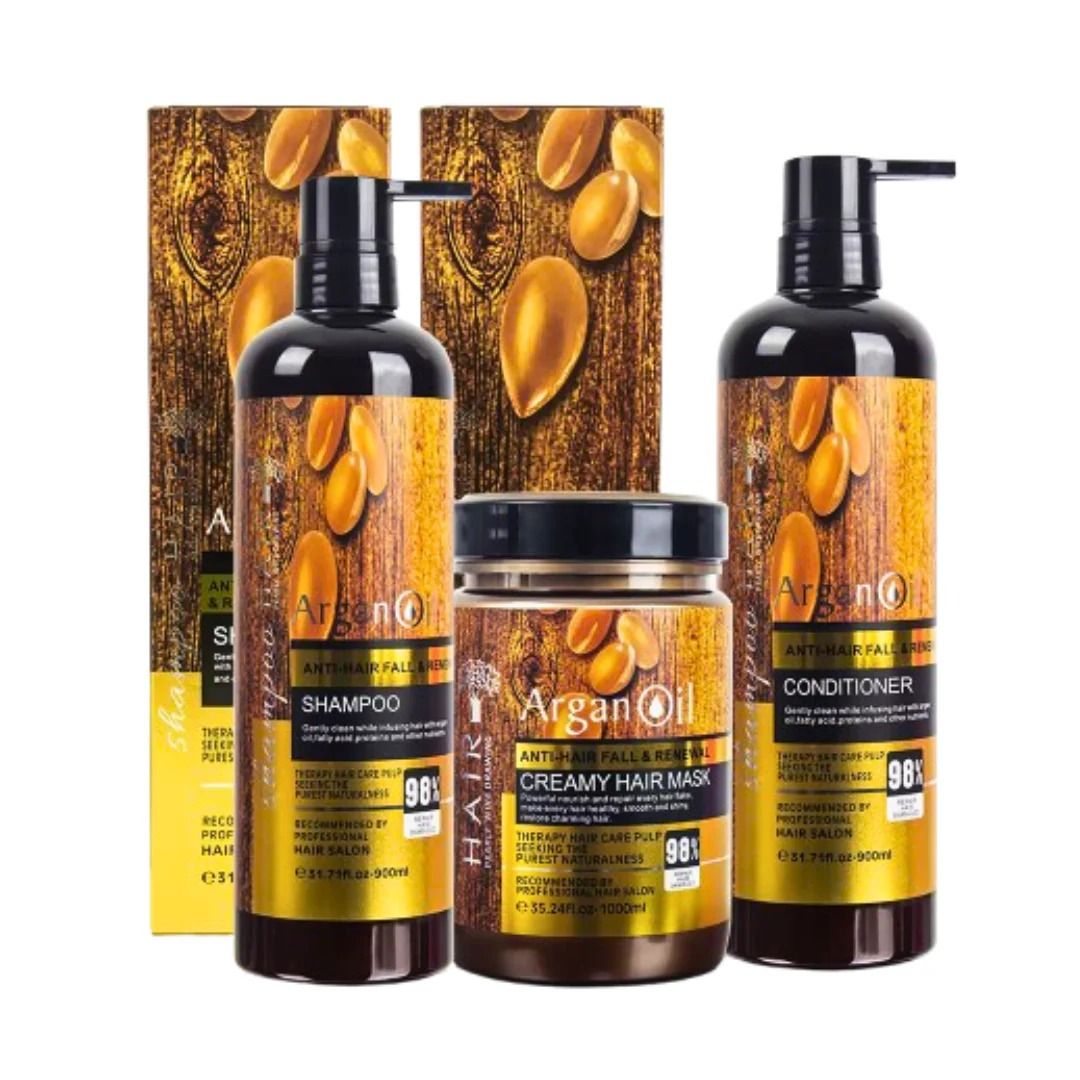 Morocco Argan Oil Hair Care Set 3PCS Shampoo 900ml Conditioner Anti Hair Fall Renewal 900ml Creamy Hair Mask 1000ml Deep Repair Treatment Growth Strengthening Smooth Shiny Hair