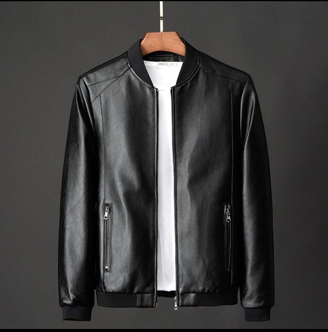 Leather Men’s Jacket Premium PU Leather Bomber Jacket Zip-Up Casual Slim Fit Outerwear, Warm Windproof Motorcycle Biker Coat with Zipper Pockets, Black & Navy Blue, Sizes M-6XL