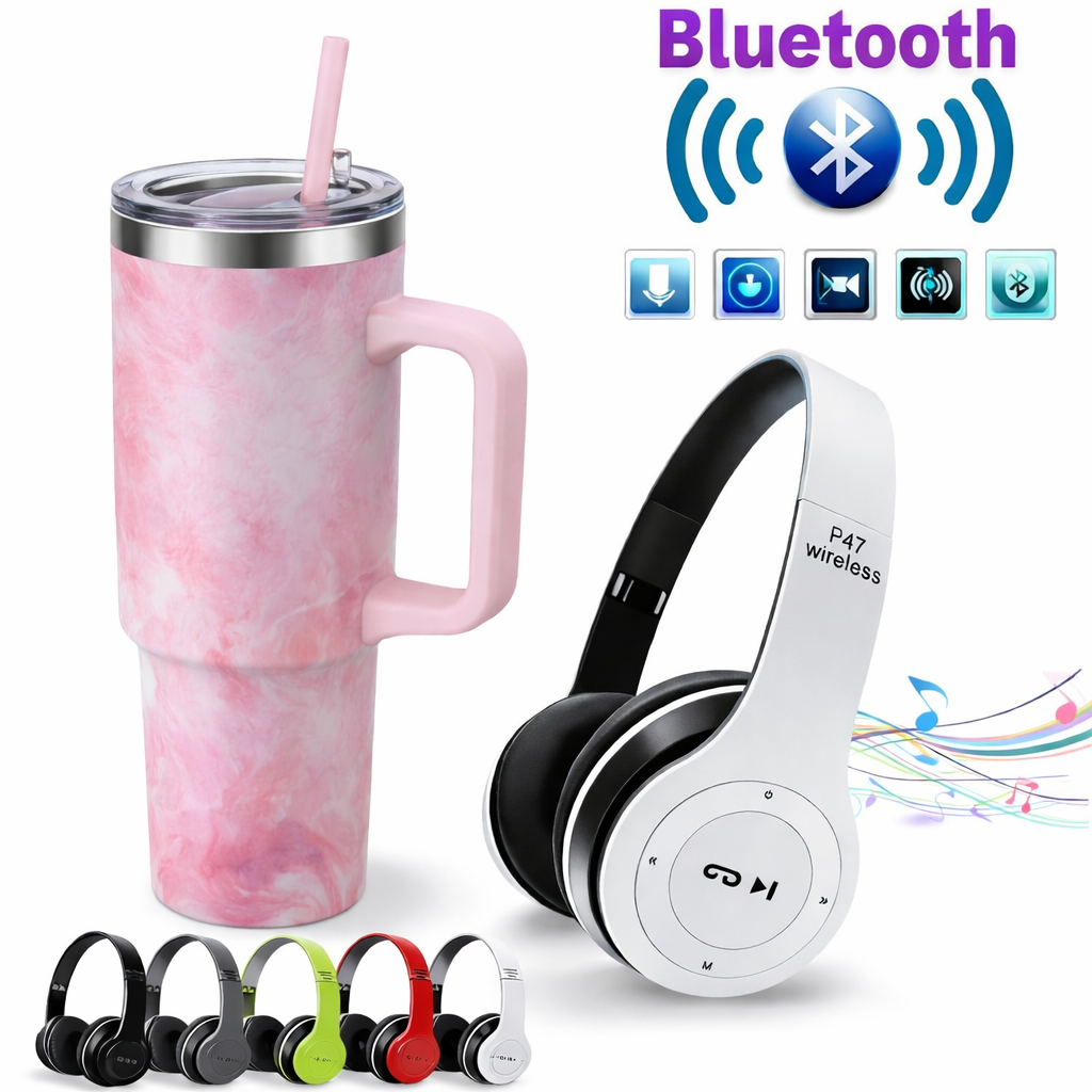 Stainless Steel Stanley Tumbler Mug 1200ml Hot & Cold Vacuum Insulated Cup With Handle & Straw + Wireless Bluetooth Headphones Over-Ear Stereo Bass Headset for Travel Gym Office