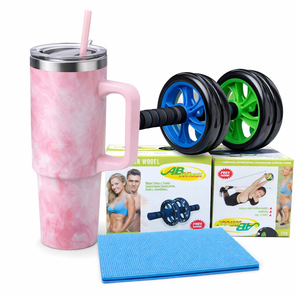 Stainless Steel Stanley Tumbler Mug 1200ml Hot & Cold Vacuum Insulated Cup With Handle & Straw + Ab Roller Wheel With Knee Mat Home Gym Core Strength Training Fitness Equipment