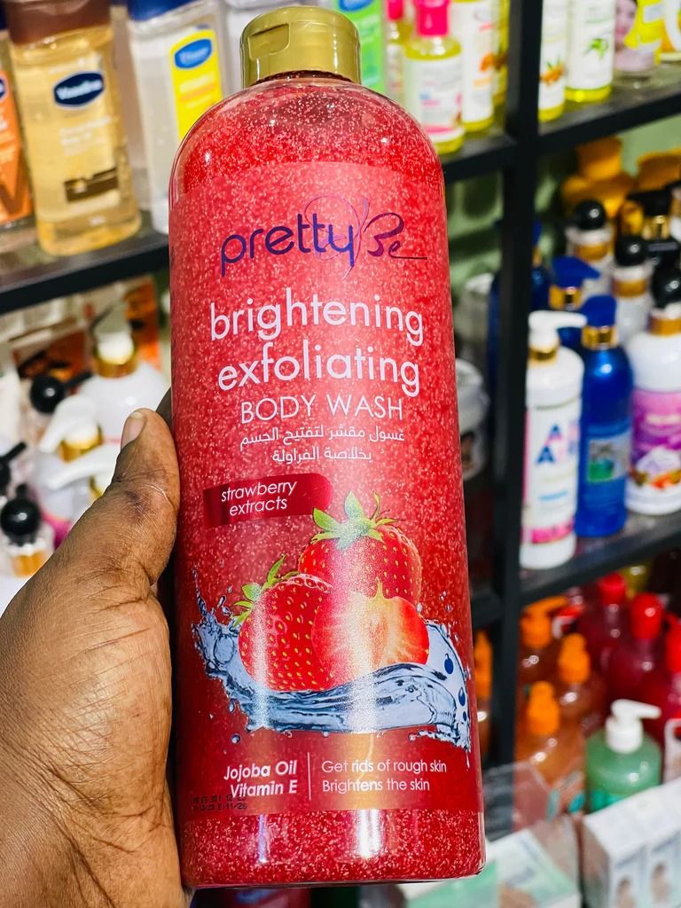 Pretty Be Brightening Exfoliating Body Wash Strawberry Extracts with Jojoba Oil & Vitamin E – Deep Cleanse & Smooth Skin, Removes Dead Cells, Refreshing Daily Shower Gel for All Skin Types