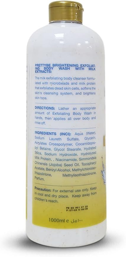Pretty Be Brightening Exfoliating Body Wash Milk Protein Extracts with Jojoba Oil & Vitamin E – Deep Cleansing Shower Gel, Smoothens & Moisturizes Skin, Removes Dead Cells, For Men & Women