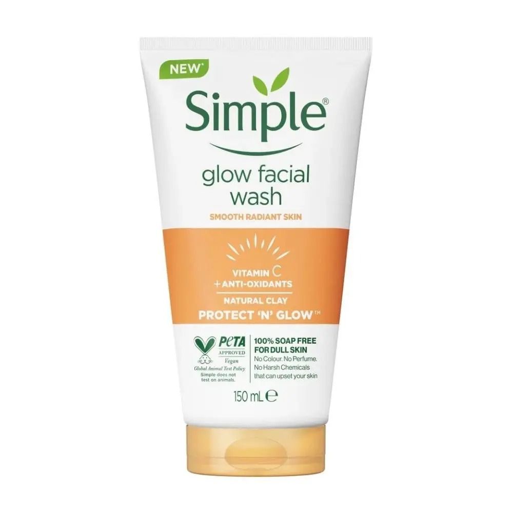 Simple Glow Facial Wash Vitamin C + Anti-Oxidants Natural Clay 150ml – Brightening Face Cleanser, Deep Cleansing, Smooth Radiant Skin, Removes Dirt & Oil, Daily Protect N Glow Wash