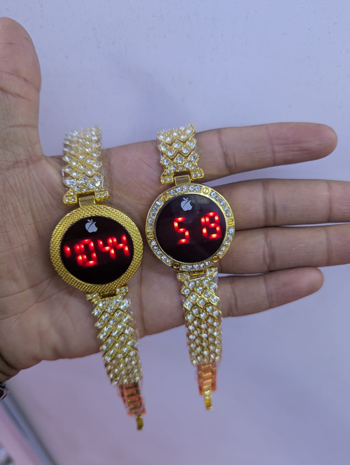 Ladies Bengal Luxury Digital Watch Gold Crystal Bracelet LED Display Women Fashion Wrist Watch Bling Diamond Style Stainless Steel Strap Elegant Party Gift for Ladies (Red Light)