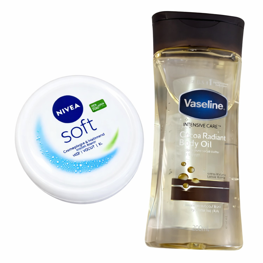Nivea Soft Moisturizing Cream 200ml + Vaseline Intensive Care Cocoa Radiant Body Oil 200ml Deep Nourishing Body Lotion Set for Dry Skin Repair, Smooth Glow, Long Lasting Hydration
