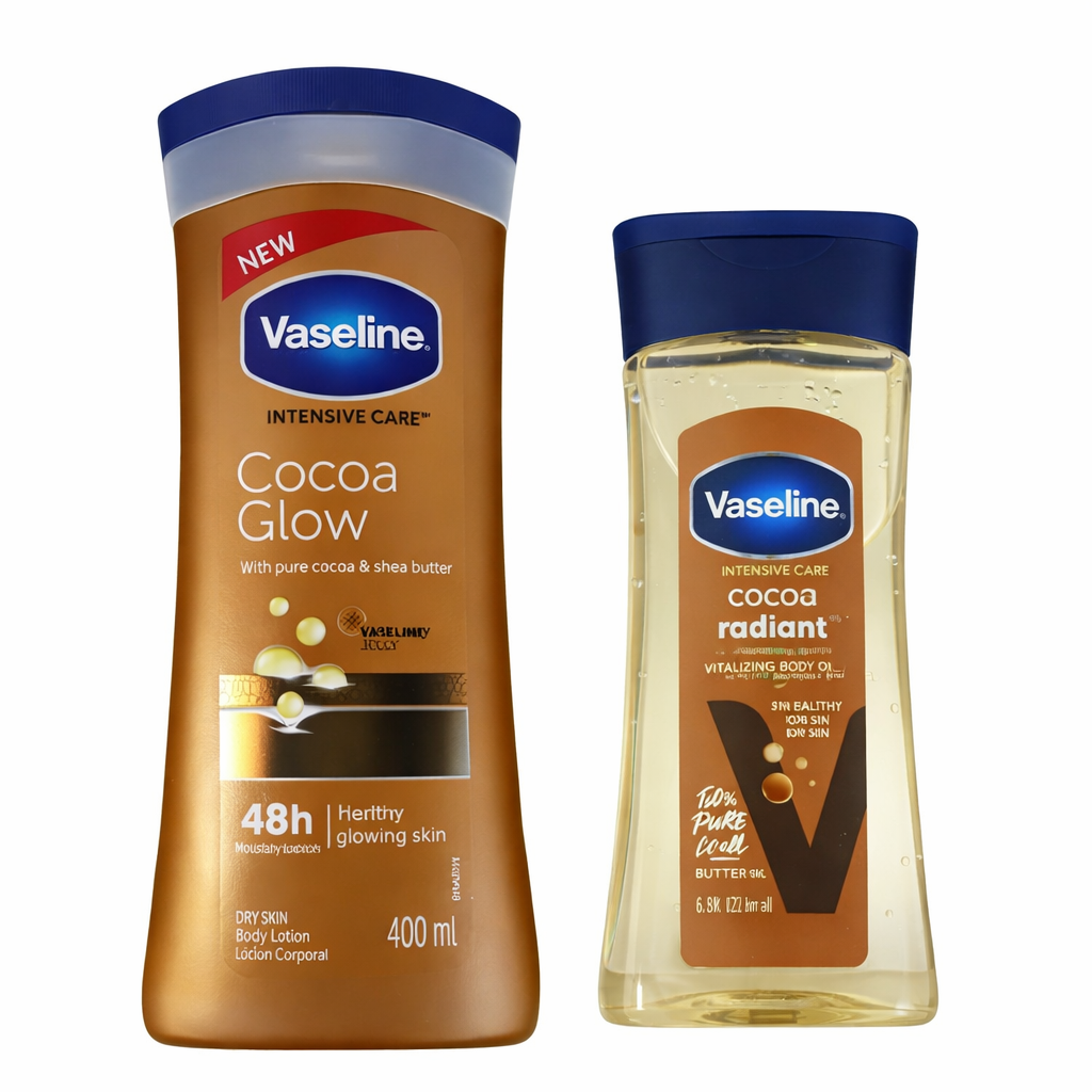 Vaseline Intensive Care Cocoa Glow Body Lotion 400ml + Cocoa Radiant Body Oil 200ml with Pure Cocoa & Shea Butter Deep Moisturizing Brightening Repair Set for Dry Dull Skin
