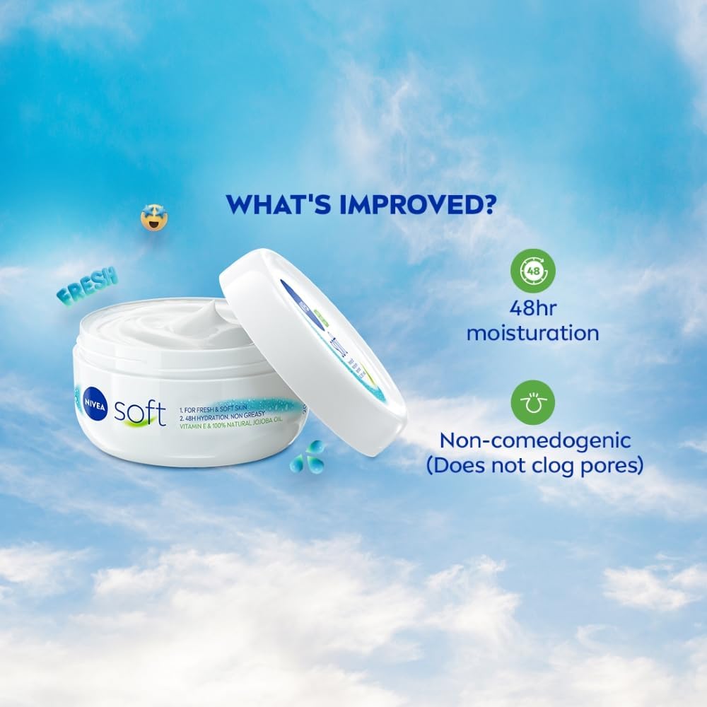 Nivea Soft Moisturizing Cream With Vitamin E & Jojoba Oil – Light Fast Absorbing Body Face & Hand Cream For Smooth Soft Hydrated Skin All Skin Types Daily Use