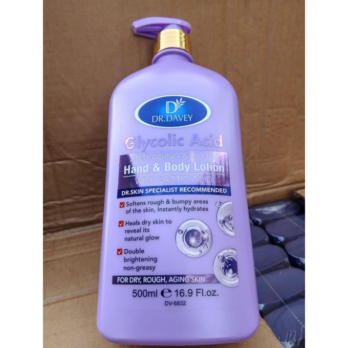 Dr Davey Glycolic Acid Anti-Aging & Glow Hand And Body Lotion 500ml With Lactic Acid – Brightening Moisturizing Body Cream For Dark Spots, Smooth Skin Tone, Hydrating Skin Repair Lotion