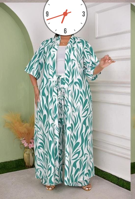 LADIES/WOMEN BEAUTIFUL 3PCS SET OUTFIT COMES IN A TROUSER, VEST TOP AND KIMONO/COVER UP LIGHT MATERIAL FOR WEEKENDS, VACATION AND BEACH GRAB YOUR PERFECT SIZE.