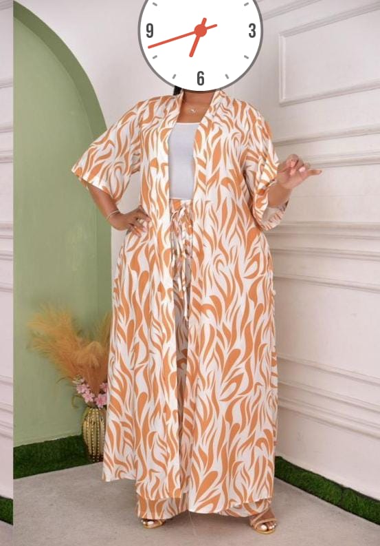 LADIES/WOMEN BEAUTIFUL 3PCS SET OUTFIT COMES IN A TROUSER, VEST TOP AND KIMONO/COVER UP LIGHT MATERIAL FOR WEEKENDS, VACATION AND BEACH GRAB YOUR PERFECT SIZE.