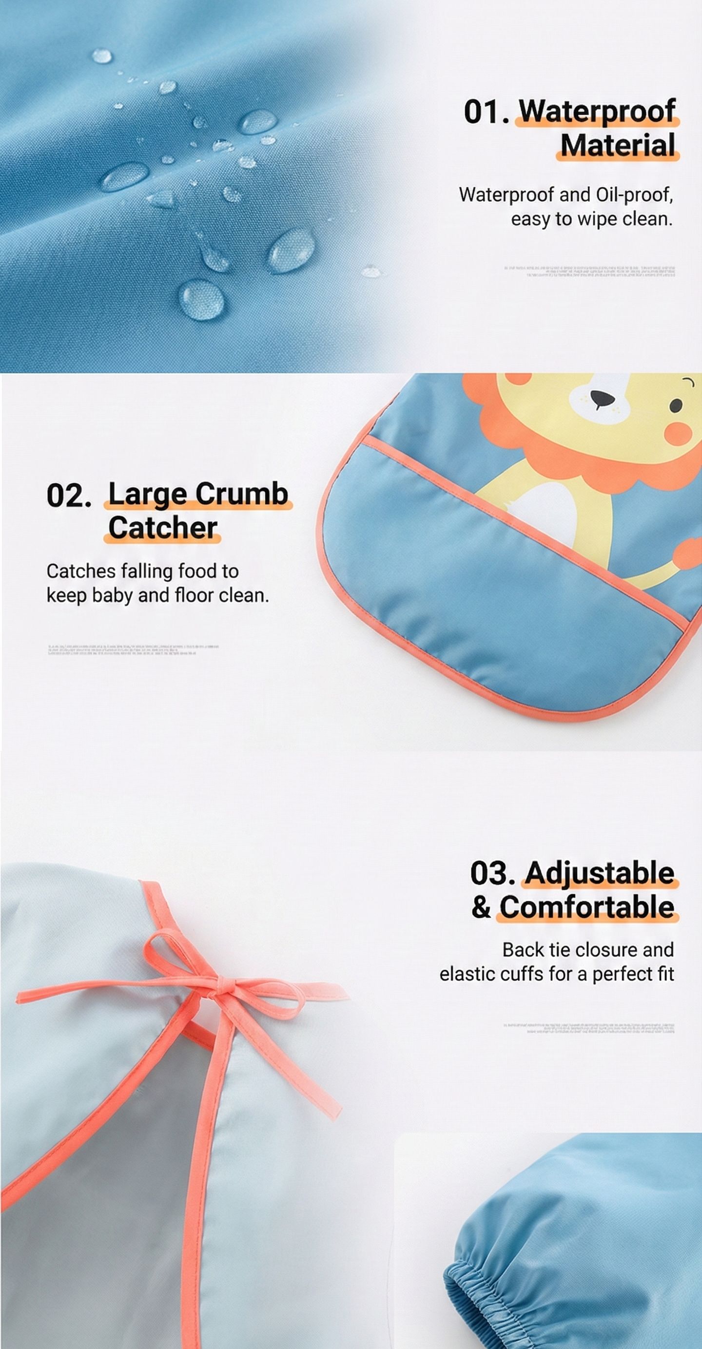 Premium Long Sleeve Baby Bibs - "Simba" Waterproof Feeding & Art Smock - Adjustable Tie-Back (No Velcro) - Fits 1-3 Years