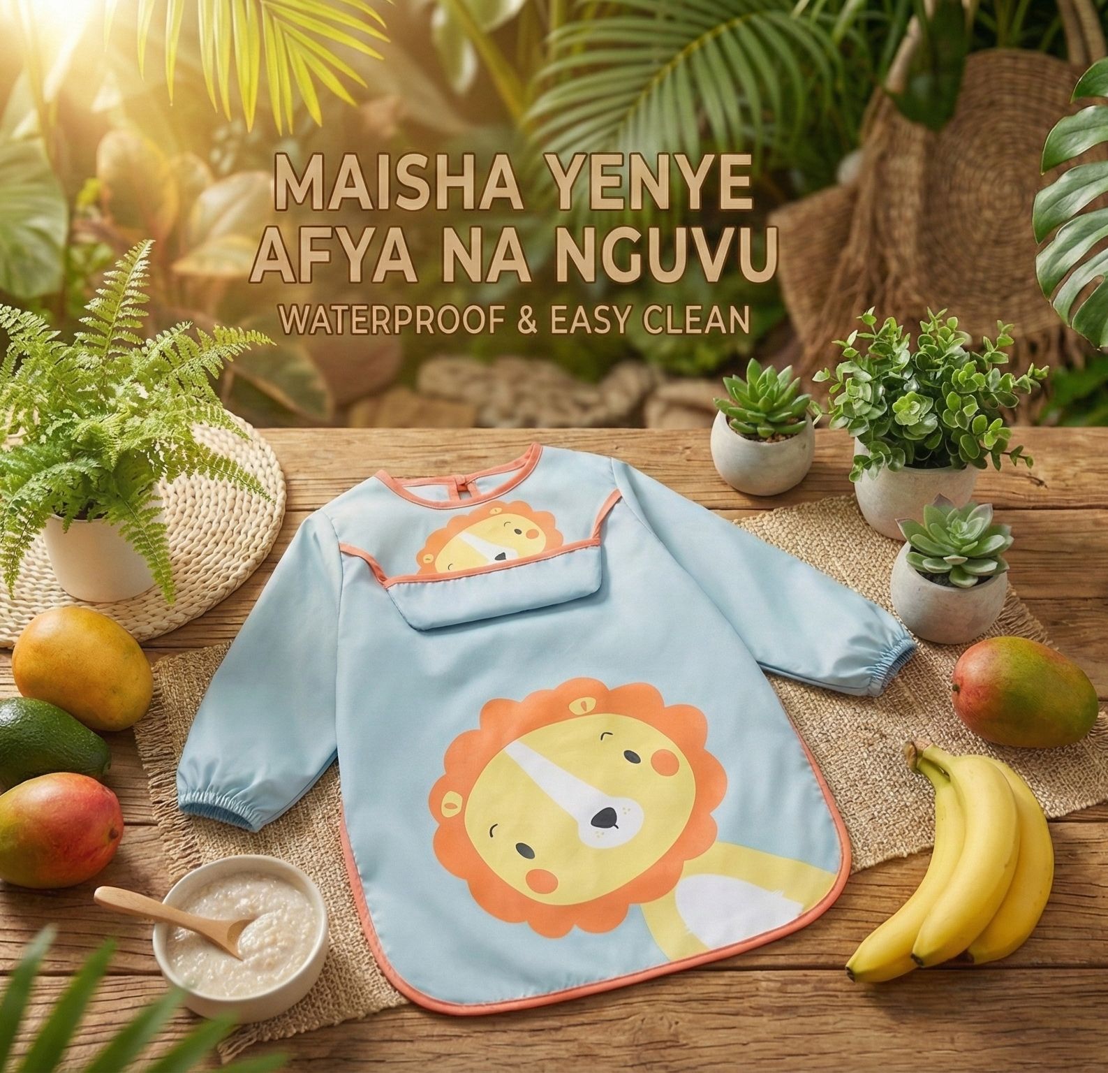 Premium Long Sleeve Baby Bibs - "Simba" Waterproof Feeding & Art Smock - Adjustable Tie-Back (No Velcro) - Fits 1-3 Years