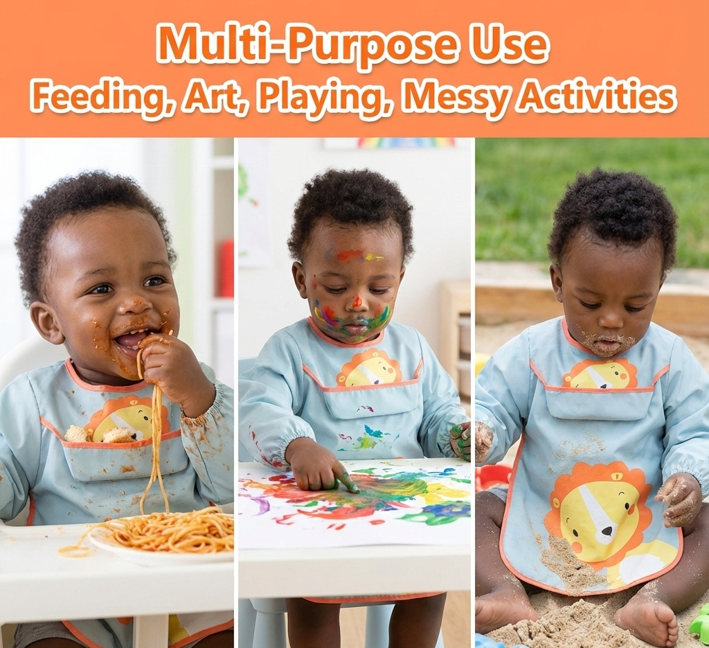 Premium Long Sleeve Baby Bibs - "Simba" Waterproof Feeding & Art Smock - Adjustable Tie-Back (No Velcro) - Fits 1-3 Years