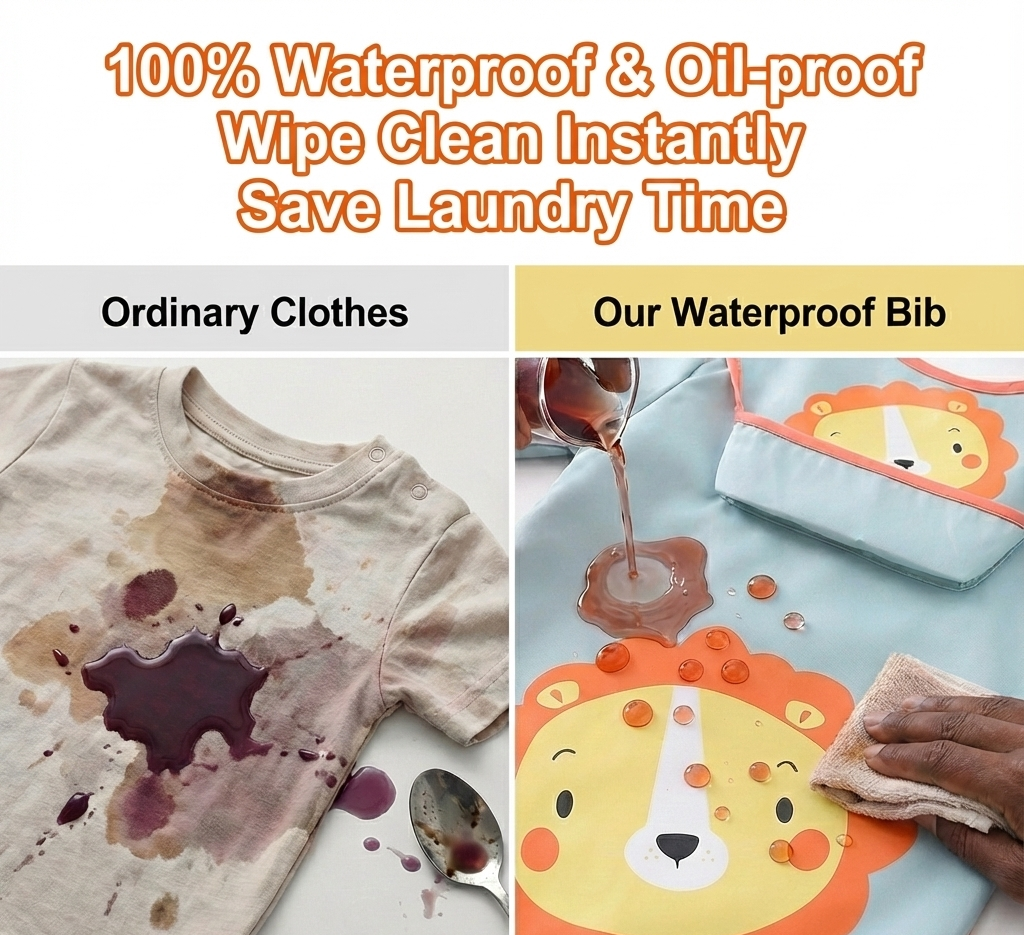 Premium Long Sleeve Baby Bibs - "Simba" Waterproof Feeding & Art Smock - Adjustable Tie-Back (No Velcro) - Fits 1-3 Years