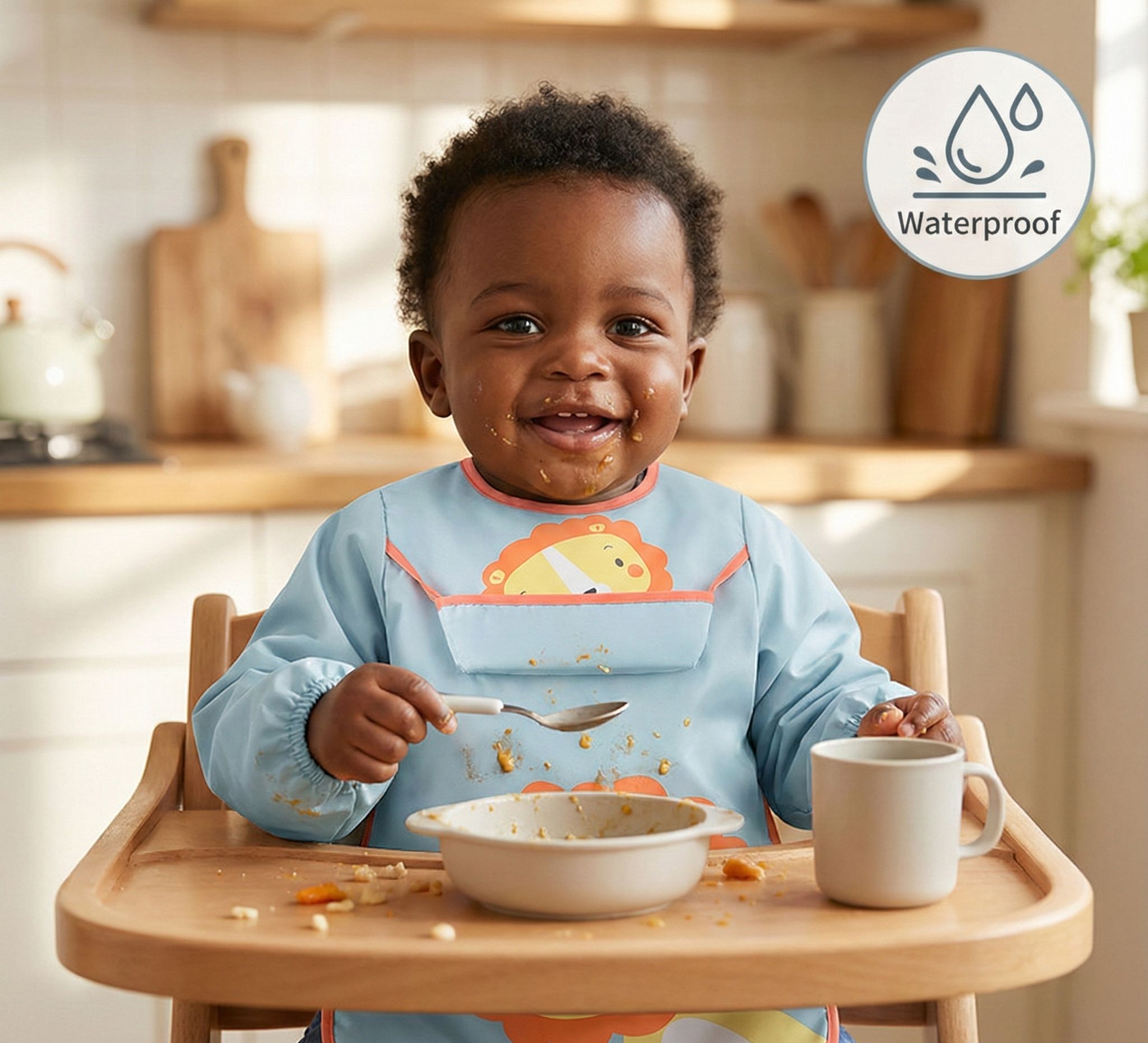Premium Long Sleeve Baby Bibs - "Simba" Waterproof Feeding & Art Smock - Adjustable Tie-Back (No Velcro) - Fits 1-3 Years