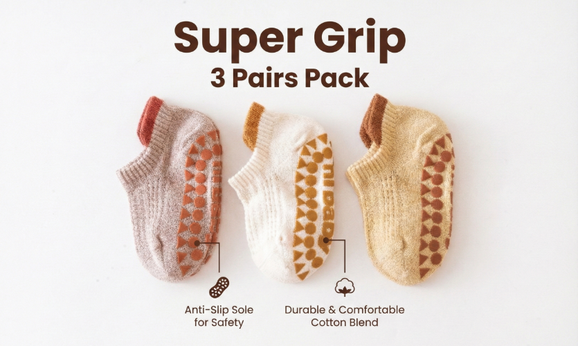 Super Grip 3 Pairs Summer Baby Floor Socks - Low-Cut Ultra-Breathable Mesh Toddler Socks - 7A Antibacterial Cotton Anti-Slip Socks (0-3Y)