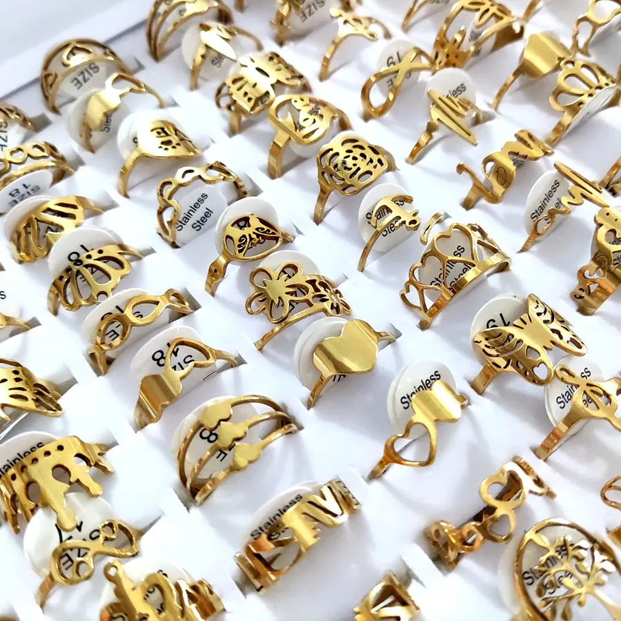 12pcs!!!Stainless Steel women rings. golden charm rings 12PCS (size 16 - size 20)