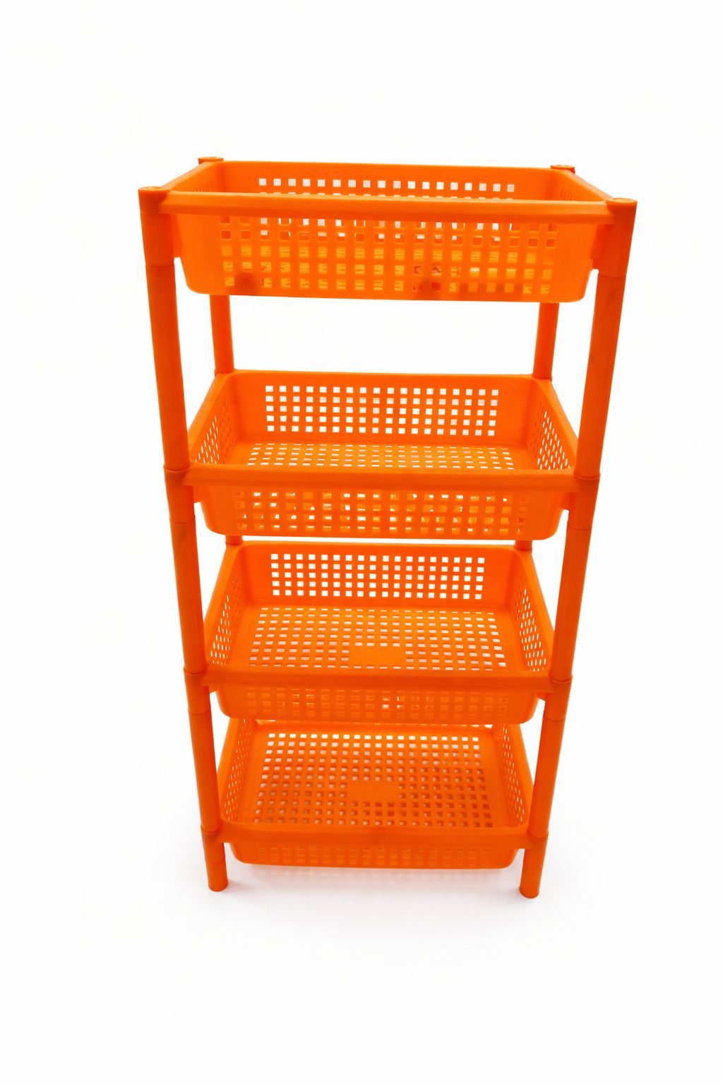 4-Tier Multipurpose Plastic Storage Rack Organizer – Heavy Duty Stackable Basket Shelf Unit with Ventilated Perforated Trays, Space-Saving Freestanding Organizer