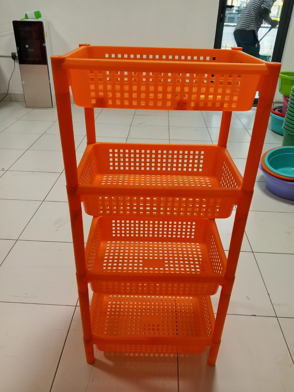 4-Tier Multipurpose Plastic Storage Rack Organizer – Heavy Duty Stackable Basket Shelf Unit with Ventilated Perforated Trays, Space-Saving Freestanding Organizer