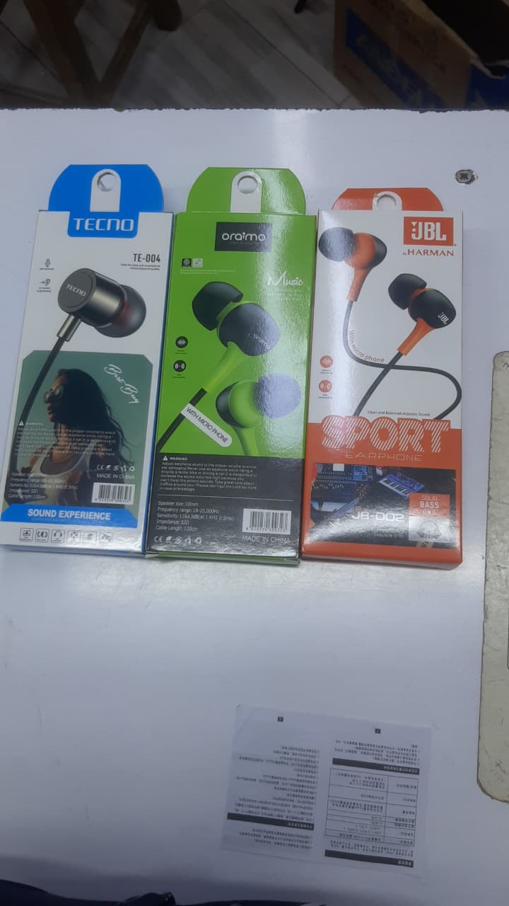 Stereo Earphones Collection – Tecno, Oraimo & JBL In-Ear Headphones with Clear Sound, Deep Bass & Built-In Microphone for Music and Calls