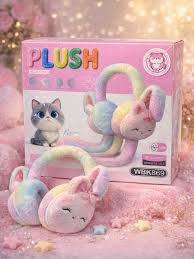 PLUSH HEADPHONES – BROWN, PINK FOR ADULTS & MULTICOLORED ELONGATED EARS FOR KIDS, SOFT COMFY OVER-EAR HEADSETS