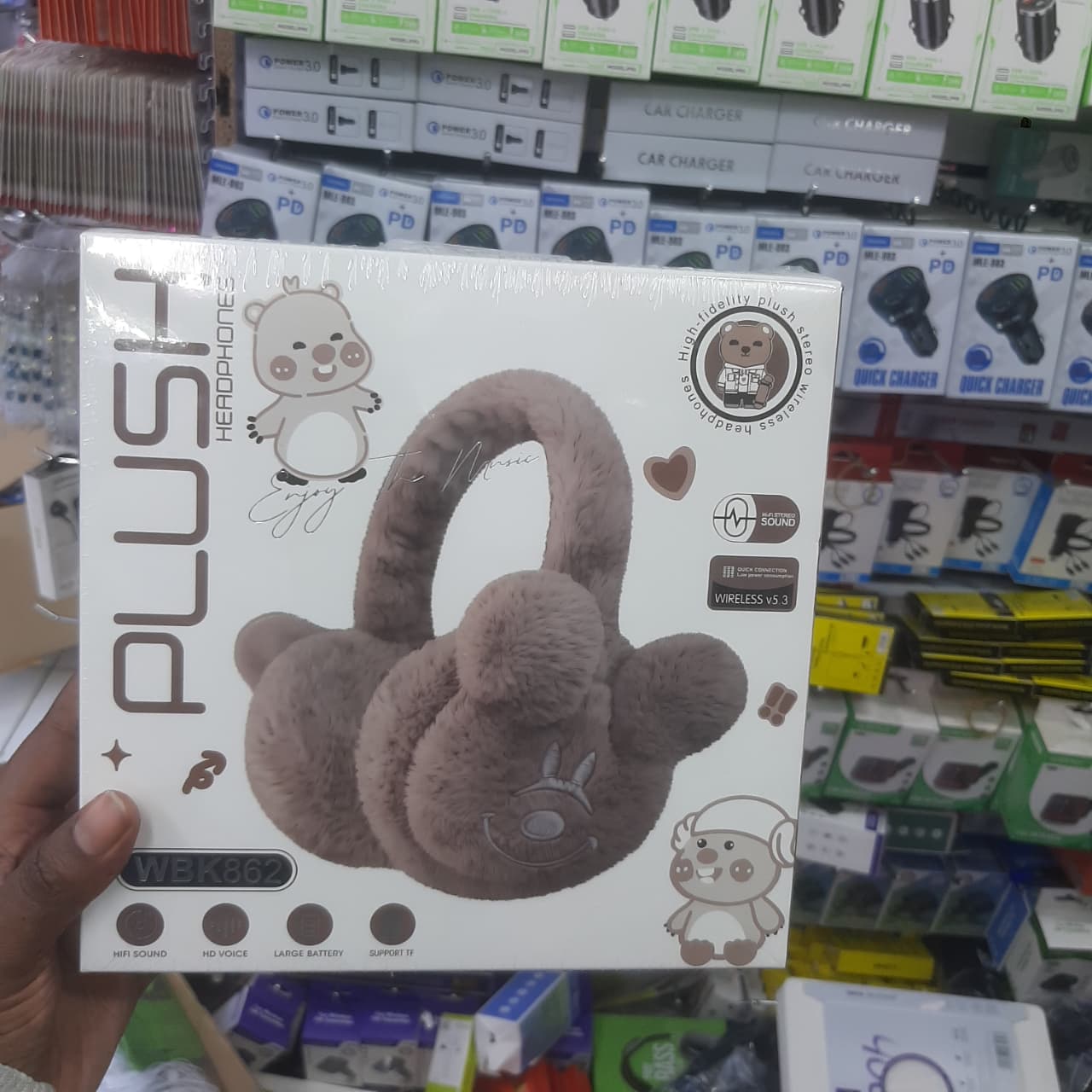 PLUSH HEADPHONES – BROWN, PINK FOR ADULTS & MULTICOLORED ELONGATED EARS FOR KIDS, SOFT COMFY OVER-EAR HEADSETS