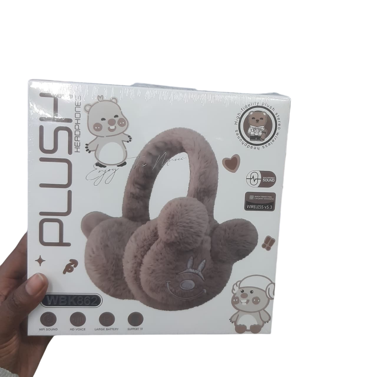 PLUSH HEADPHONES – BROWN, PINK FOR ADULTS & MULTICOLORED ELONGATED EARS FOR KIDS, SOFT COMFY OVER-EAR HEADSETS