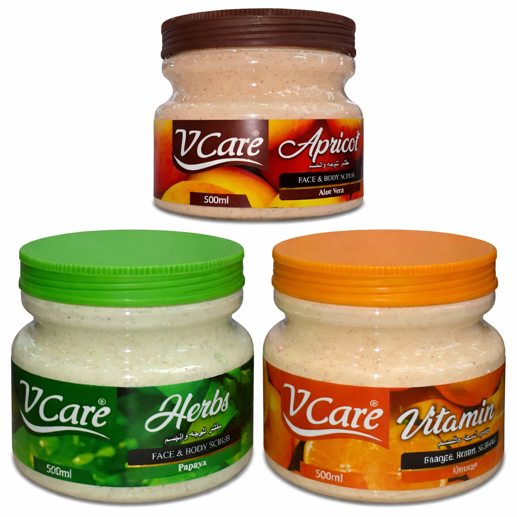 🧴 VCare Face & Body Scrub (Apricot + Aloe Vera) – 500 ml Apricot with Aloe Vera Extracts ; Refreshing Exfoliation & Moisturization