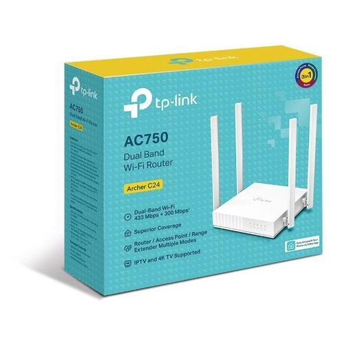 TP Link Archer C24 AC750 Mbps Dual-Band, WiFi Wireless Router, Multi Mode, 4 Antennas, Ipv6 Supported, Parental Controls, Guest Network, Smooth HD Streaming, White