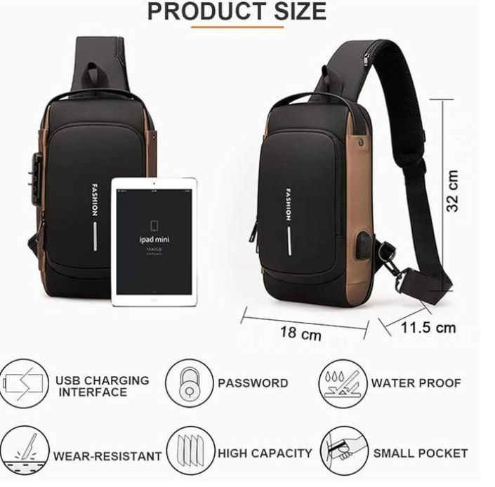 Black Gold Men Bag Pack With Lock Waterproof Anti-Theft Chest Bag