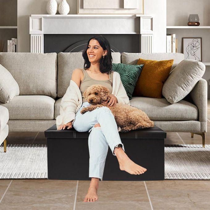 Folding Storage Ottoman, Faux Leather Black Footrest Ottoman, Storage Bench Suit For Bedroom, Living Room And Hallway, Size: 78*38*38cm