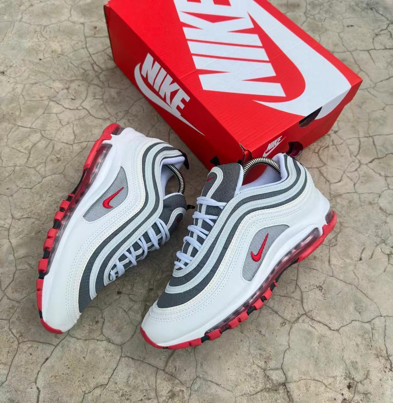 Nike Air Max 97 White Grey Red Men's Running Shoes - University Red/Grey Fog