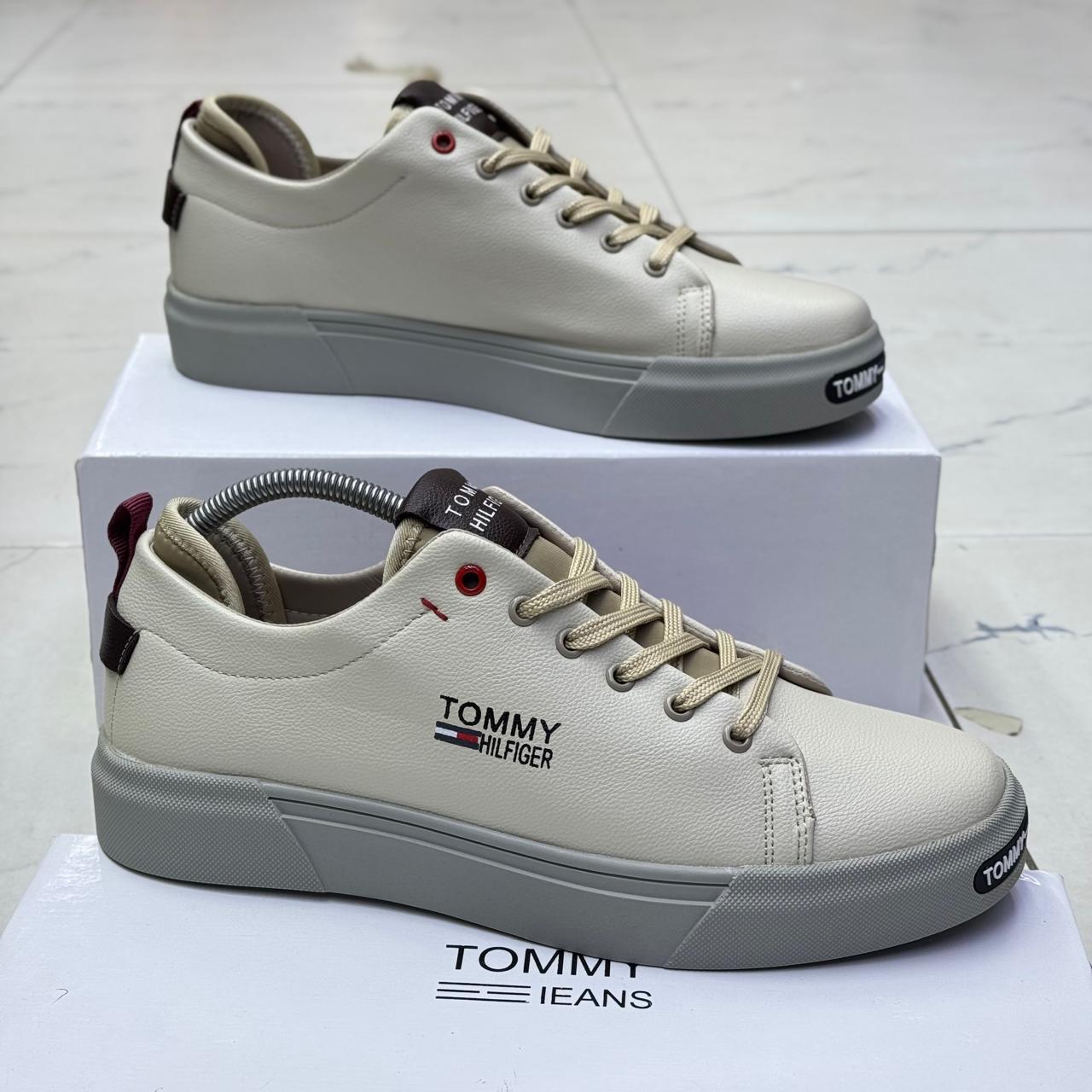 Tommy Hilfiger Casual Shoes for Men - Low-Top Leather Sneakers available in Olive, Brown, Grey, and Cream (Sizes 40-45)