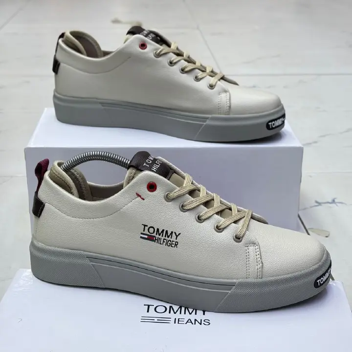 Tommy Hilfiger Casual Shoes for Men - Low-Top Leather Sneakers available in Olive, Brown, Grey, and Cream (Sizes 40-45)