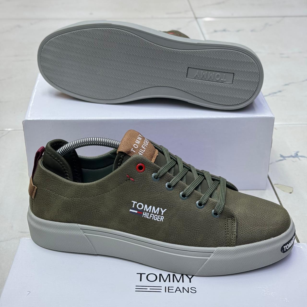 Tommy Hilfiger Casual Shoes for Men - Low-Top Leather Sneakers available in Olive, Brown, Grey, and Cream (Sizes 40-45)