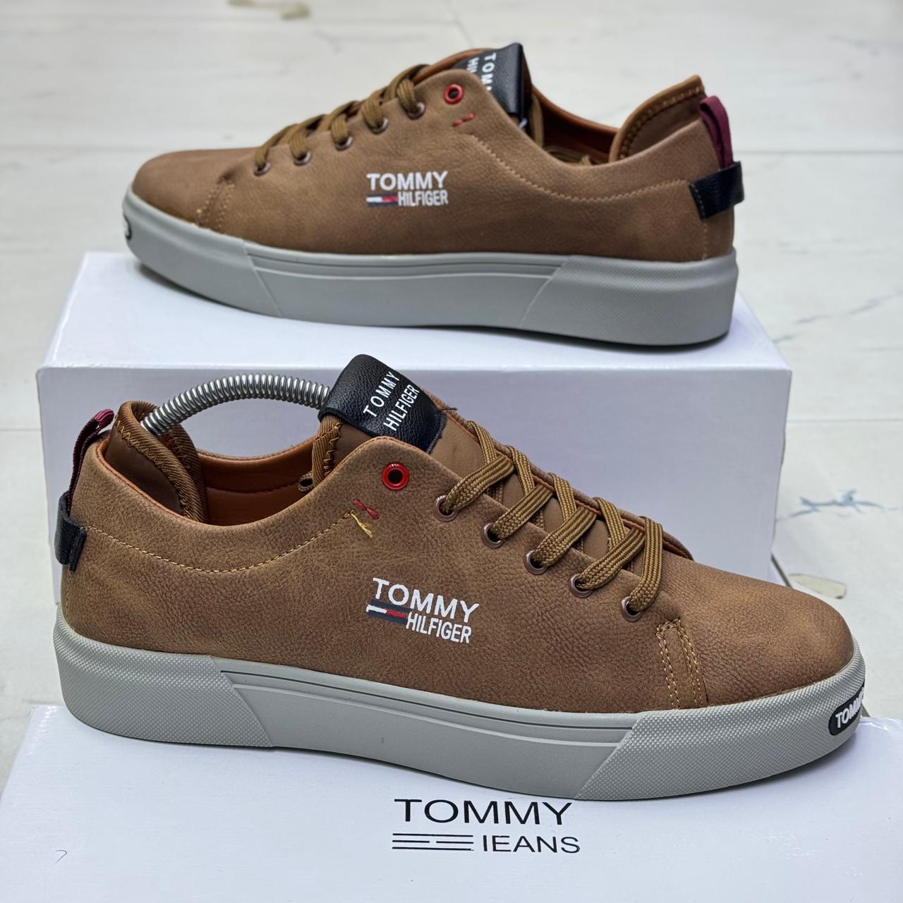 Tommy Hilfiger Casual Shoes for Men - Low-Top Leather Sneakers available in Olive, Brown, Grey, and Cream (Sizes 40-45)