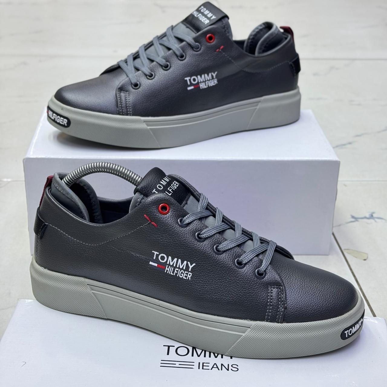 Tommy Hilfiger Casual Shoes for Men - Low-Top Leather Sneakers available in Olive, Brown, Grey, and Cream (Sizes 40-45)