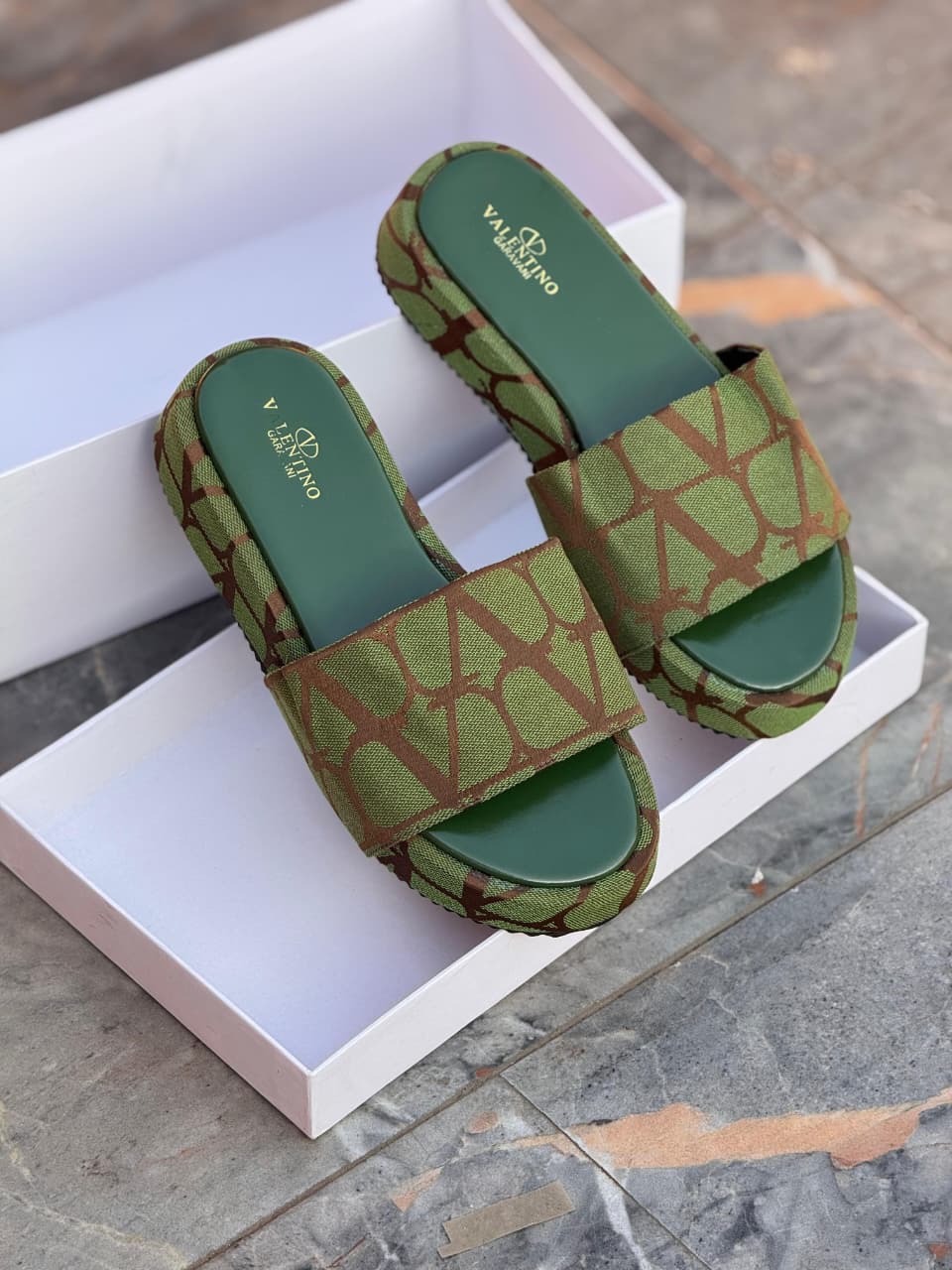 Valentino Style VLogo Monogram Platform Sandals - Women's High-Heel Canvas Slides - Luxury Toile Iconographe Mules in Red, Green, Black & Tan (Size 37-42)