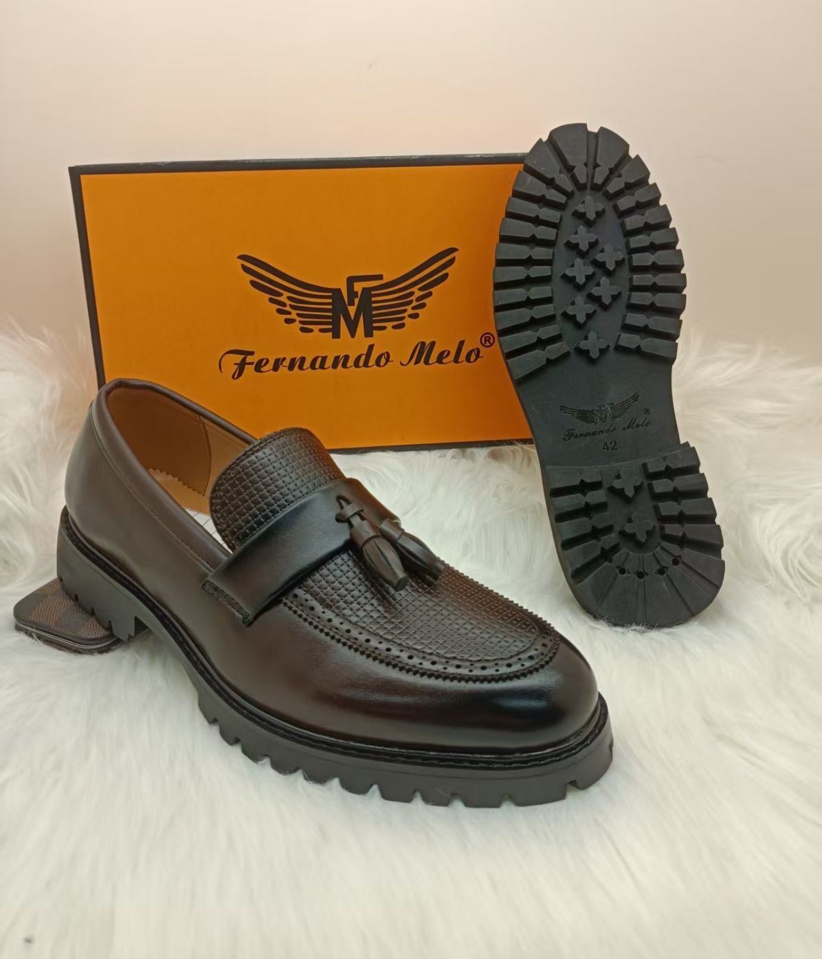 Fernando Melo Men's Premium Tassel Loafers - Luxury Basket-Weave Embossed Lug-Sole Executive Shoes - Available in Black & Brown (Sizes 40-45)