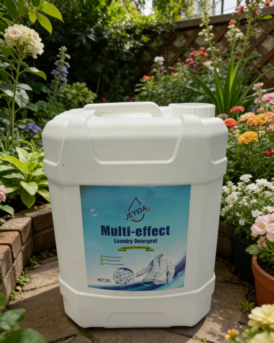 High-efficiency bulk 20L liquid pack by JEYIDA. Ideal for homes, hotels, and businesses. Includes Multi-effect Laundry Detergent, Aloe Shower Gel, and Lemon Cleanser Essence.