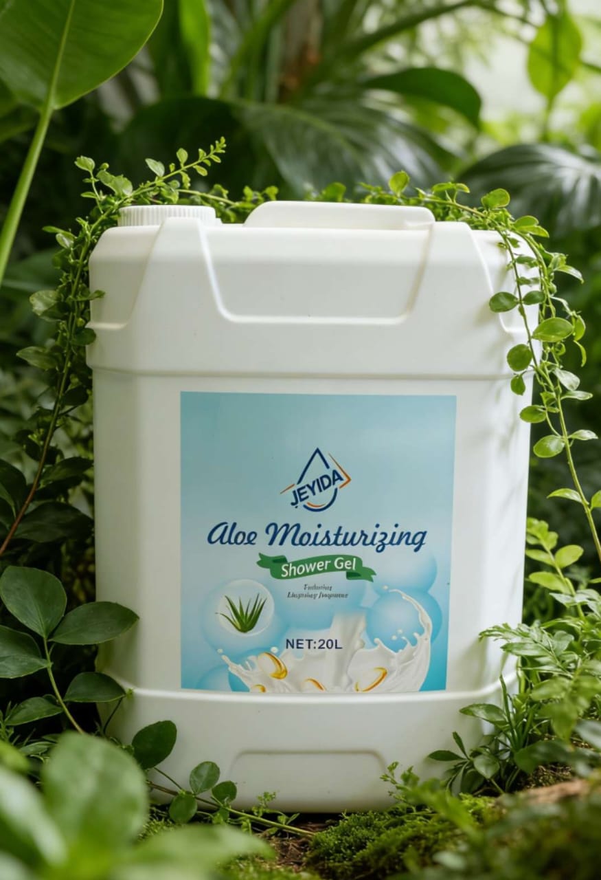 High-efficiency bulk 20L liquid pack by JEYIDA. Ideal for homes, hotels, and businesses. Includes Multi-effect Laundry Detergent, Aloe Shower Gel, and Lemon Cleanser Essence.