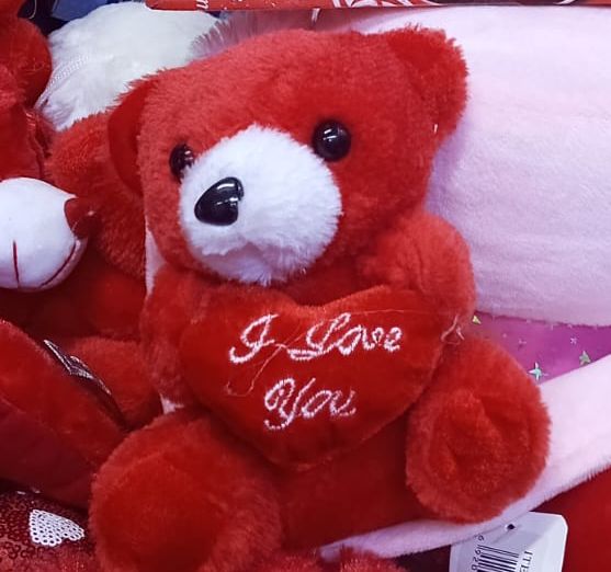 A cute and cuddly bright red plush teddy bear holding a heart with "I Love You" embroidery. An ideal romantic gift for Valentine's Day, anniversaries, or birthdays.