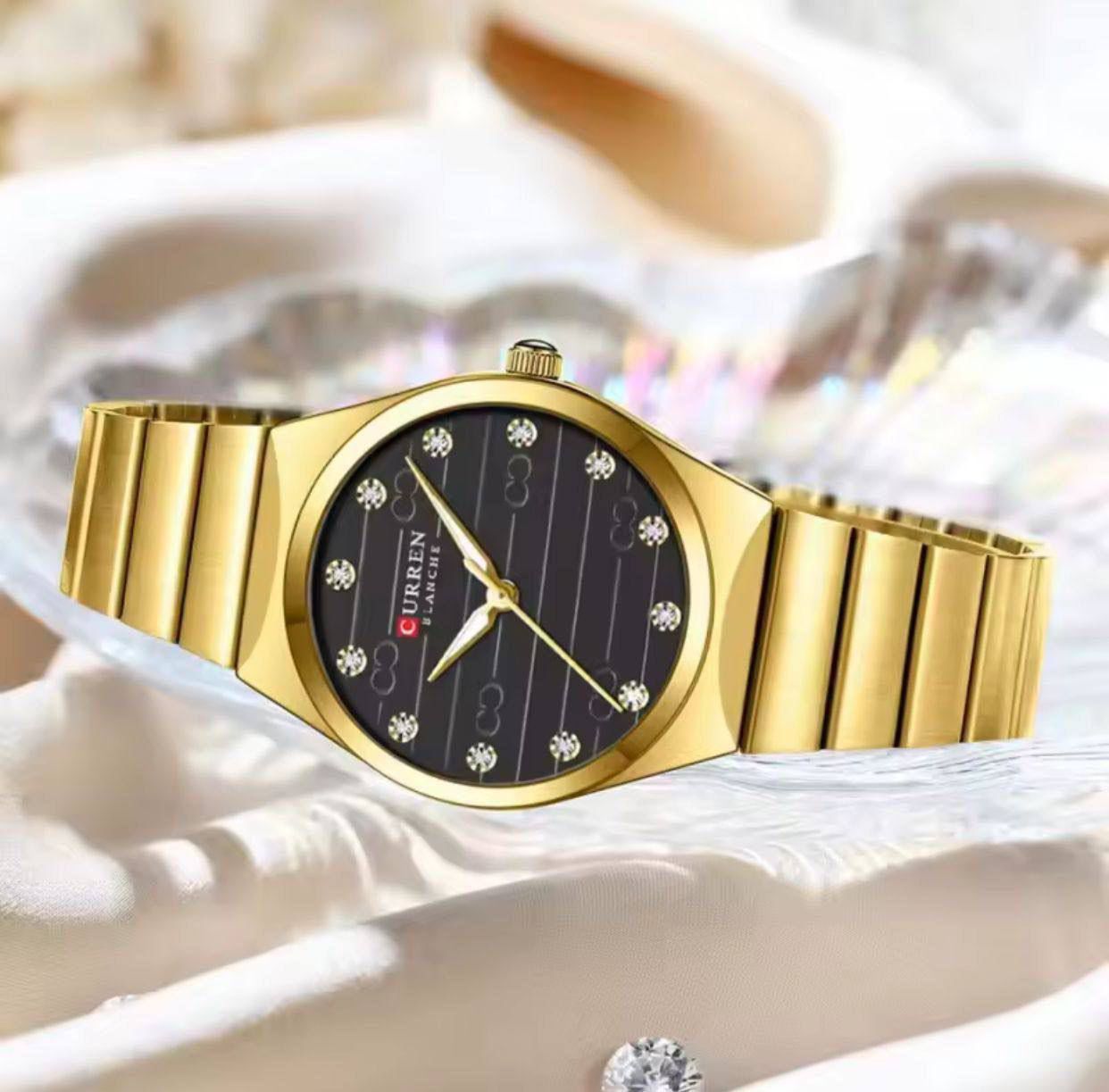 Curren Blanche Luxury Women's Watch - Stainless Steel Quartz Wristwatch with Diamond Dial (Gold, Silver & Green)