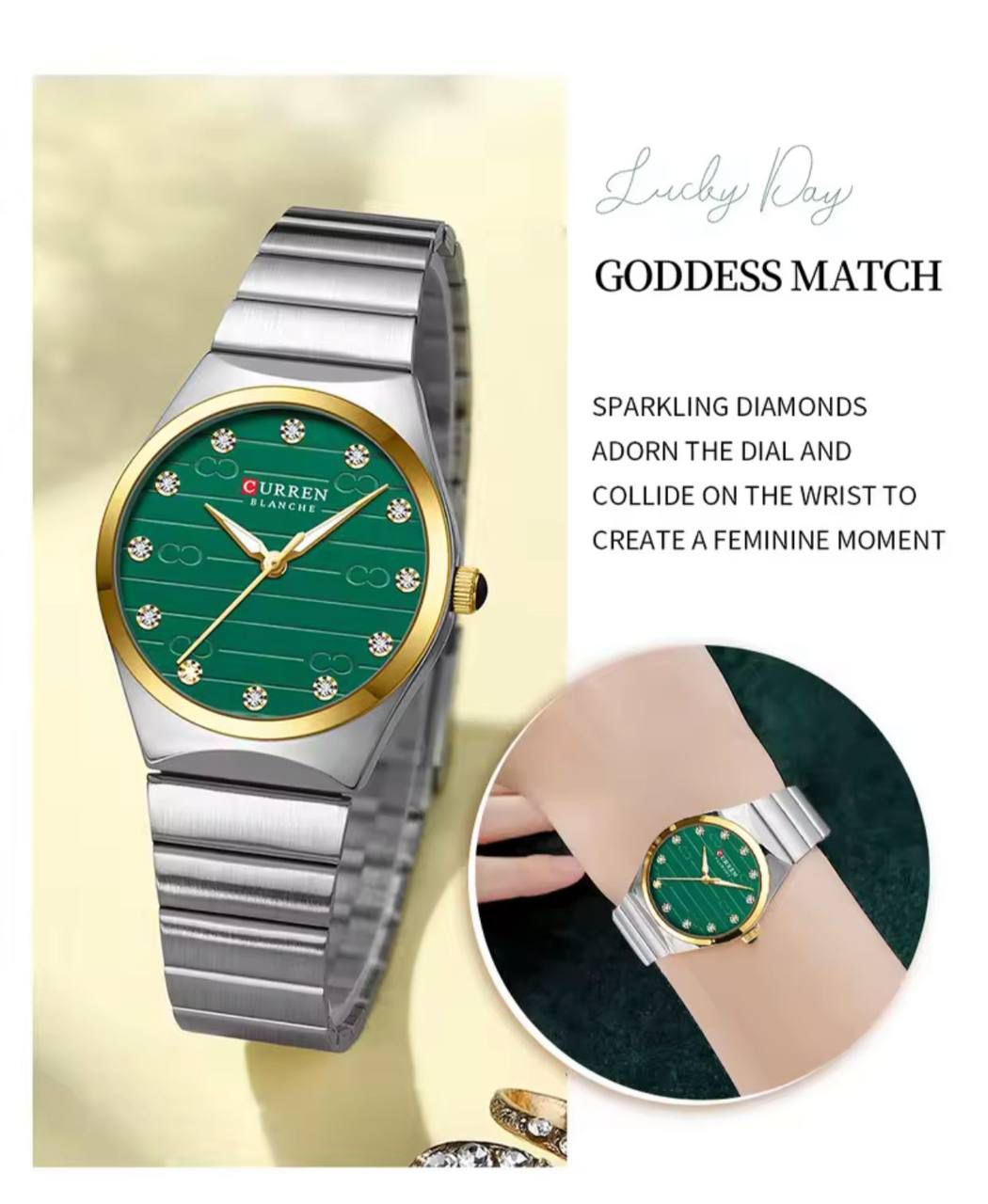 Curren Blanche Luxury Women's Watch - Stainless Steel Quartz Wristwatch with Diamond Dial (Gold, Silver & Green)