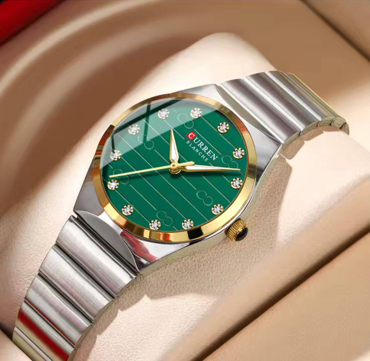 Curren Blanche Luxury Women's Watch - Stainless Steel Quartz Wristwatch with Diamond Dial (Gold, Silver & Green)